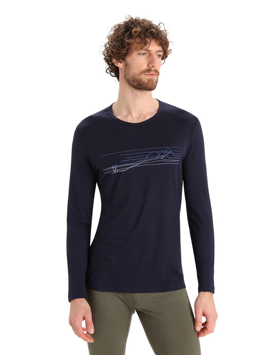 Midnight Navy Men\'s Icebreaker Merino 200 Oasis Long Sleeve Crewe Ski Stripes Base Layers | USA 1366WNBY